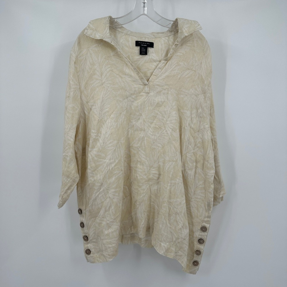 Tahari Womens Boho‎ Tropical Palm Print Linen Top Size 2X Resort Vacation Cruise